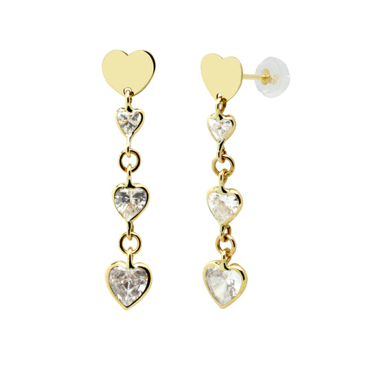 Pendientes largos con Corazones y Circonitas en Oro Amarillo 9 Kilates