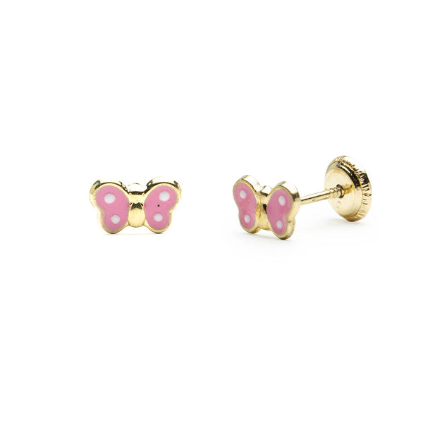 Pendientes de Bebé Mariposa Rosa en Oro Amarillo 9 Kilates