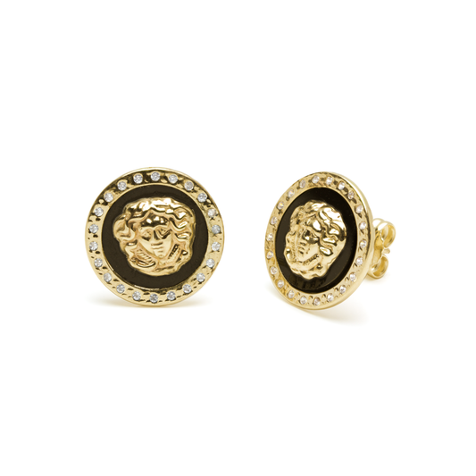 Pendientes Medusa 13x13 en Oro Amarillo 9 Kilates y Ónix