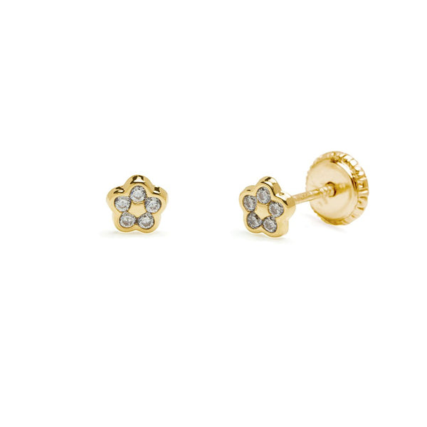 Pendientes Bebé Flor y Circonita en Oro Amarillo 9 Kilates