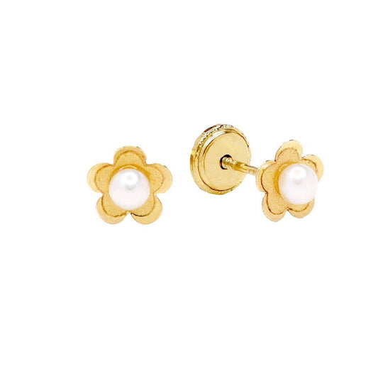 Pendientes Niña Flor con Perla (6x6) en Oro Amarillo 9 Kilates