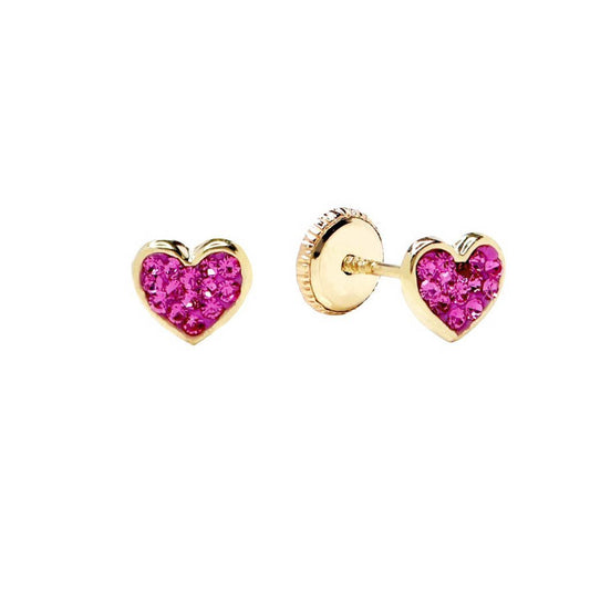 Pendientes Bebé Corazon con Circonitas y Resina Rosa en Oro Amarillo 9 Kilates