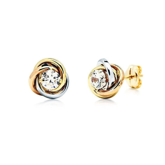 Pendientes Irma Nudo con Circonita (8x8) en Oro Tricolor 9 Kilates