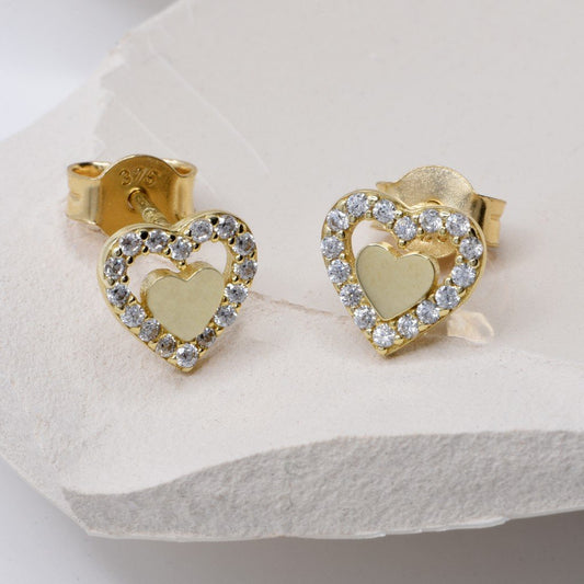 Pendientes Corazón con Circonitas (7x7) en Oro Bicolor 9 Kilates