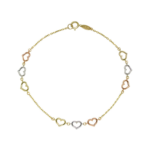 Pulsera Corazones en Oro Tricolor 9 Kilates