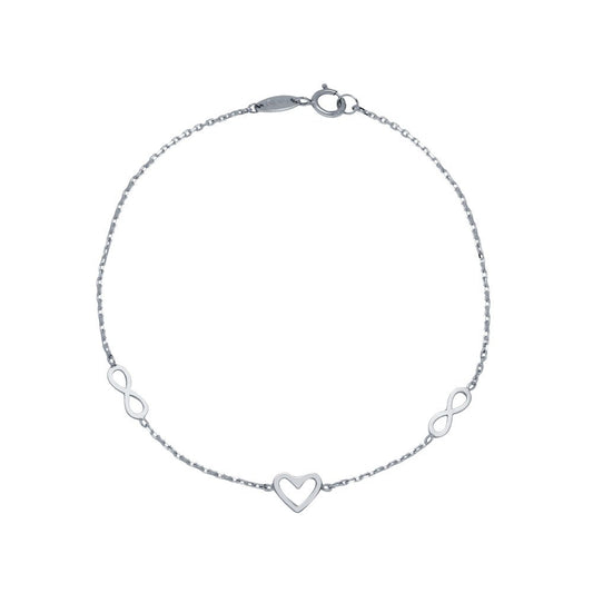 Pulsera dos Infinitos y  un Corazón en Oro Blanco de 9 Kilates