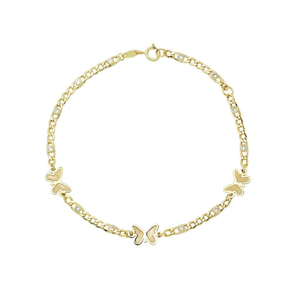 Pulsera 3 Mariposas y Circonitas en Oro Amarillo 9 Kilates