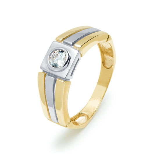 Anillo Hombre Solitario con Circonita en Oro Bicolor 9 Kilates